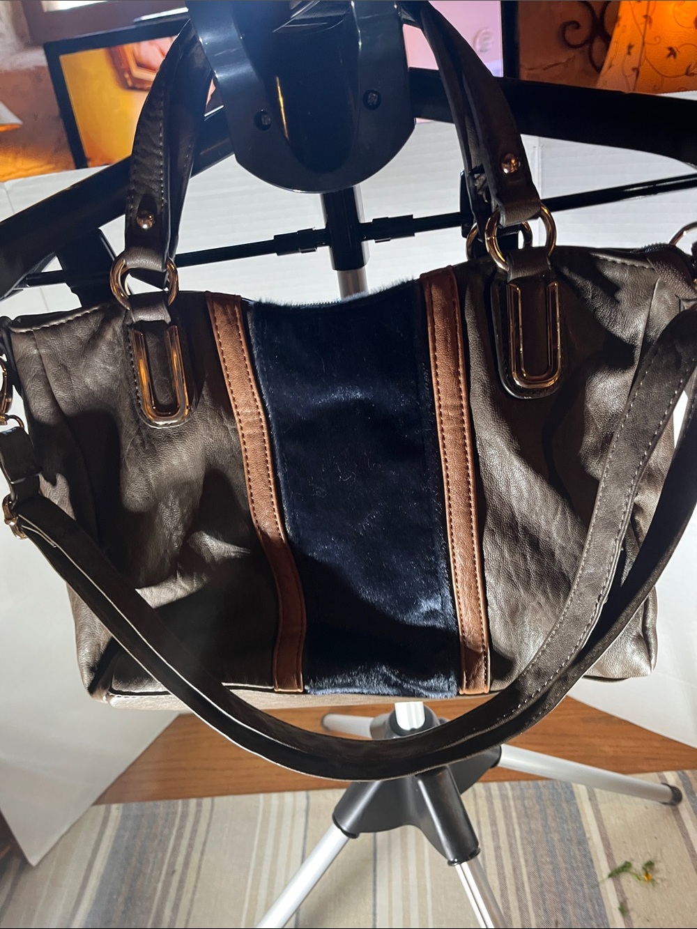 Jessica Simpson Black and Brown Crossbody Tote with Suede Panel